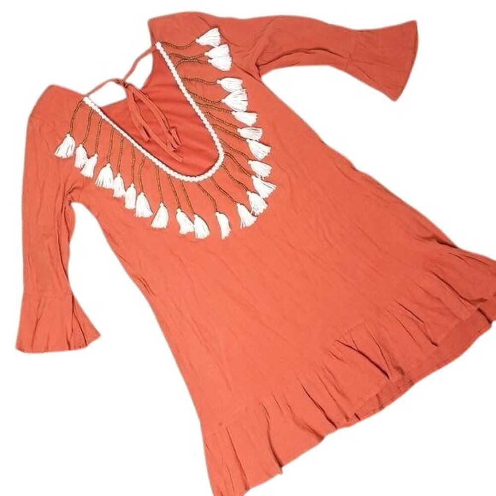 Hot & delicious Boho Tassel A-Line Dress 3/4 bell sleeve cover up dress Med